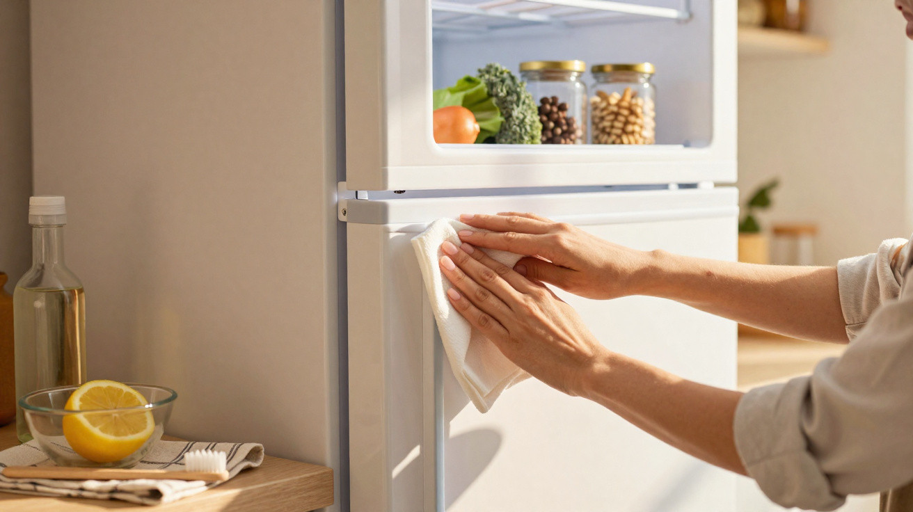 Person cleaning a white fridge door with a cloth in a kitchen with fresh vegetables inside.