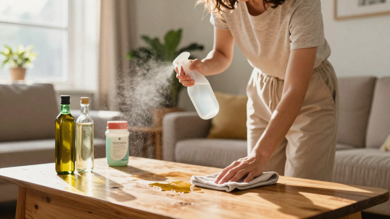 Person spraying cleaner on a wooden table and wiping a spill in a sunlit living room.