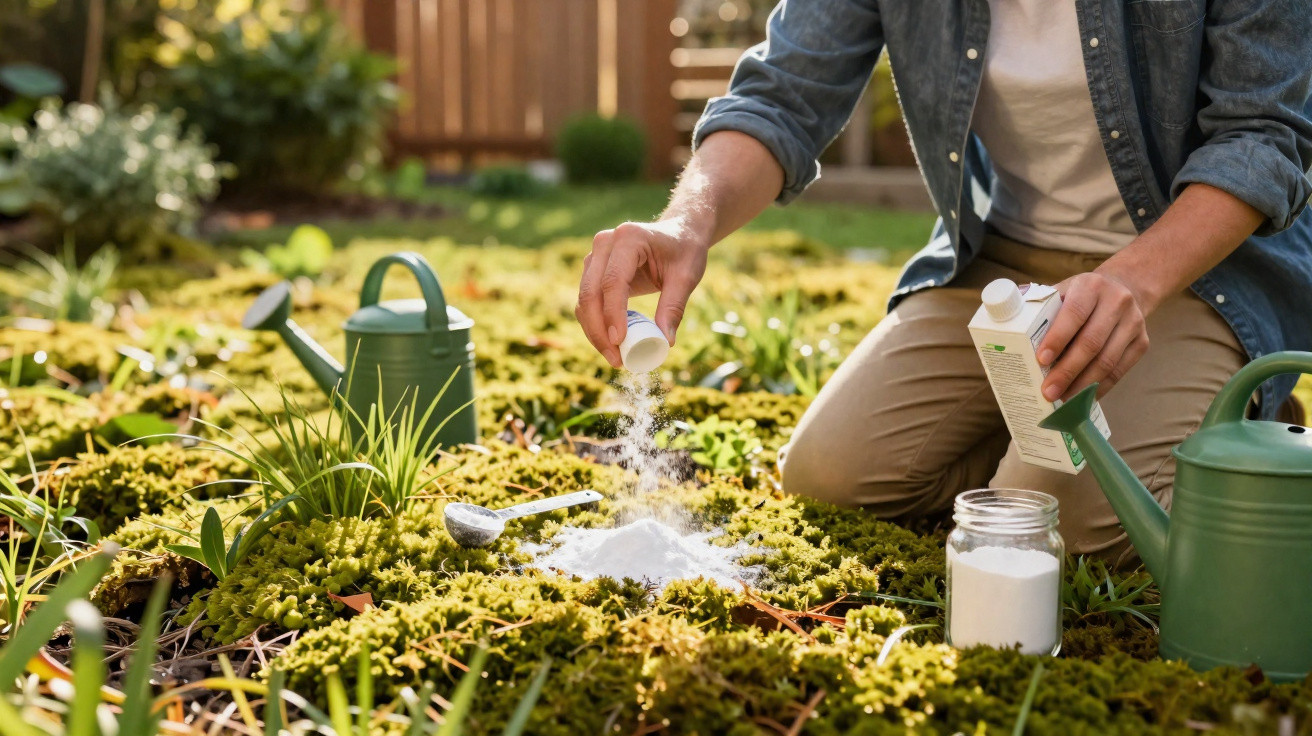 Person sprinkling white powder onto garden soil with watering cans nearby in a green garden bed.
