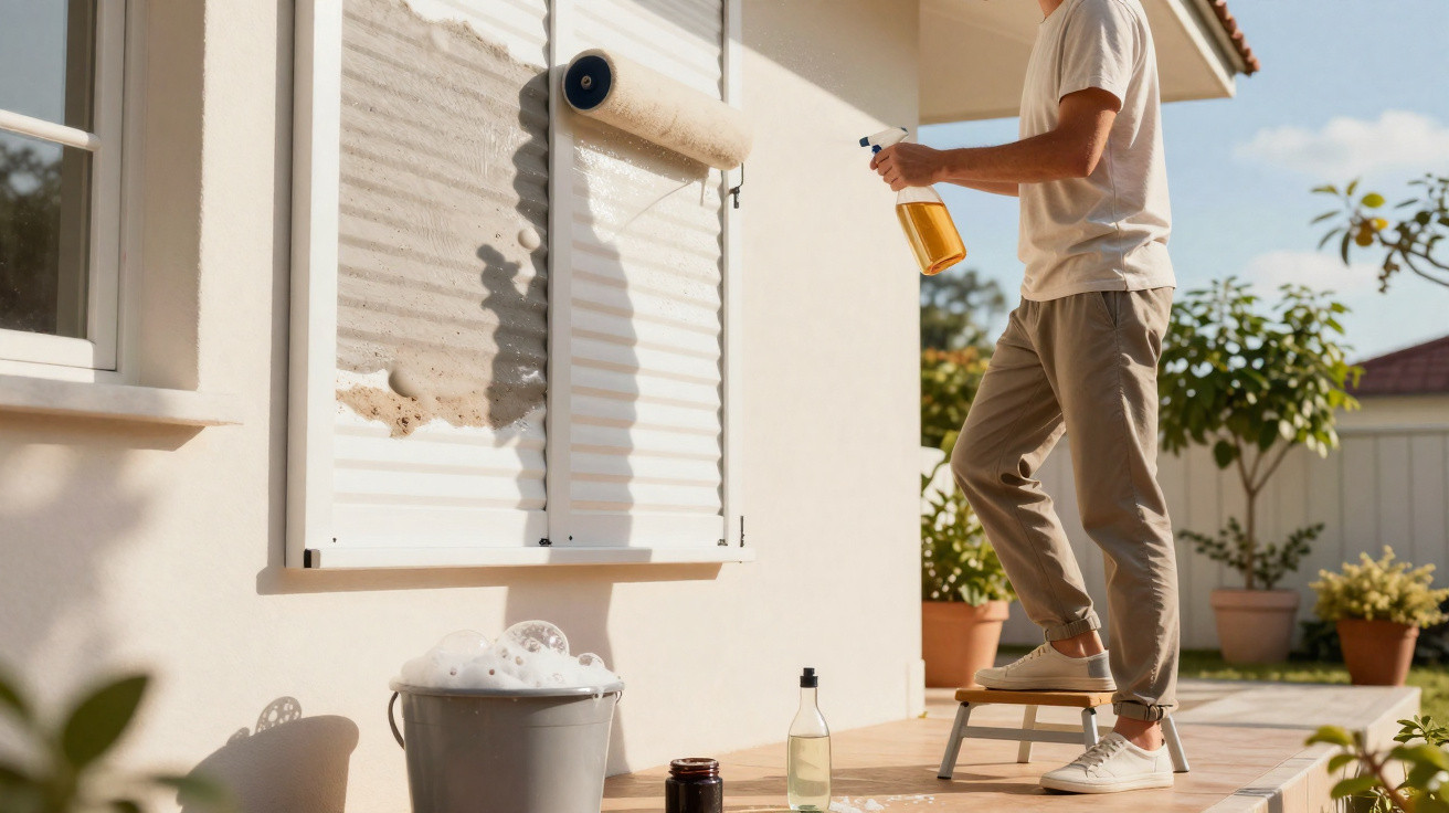 Person cleaning exterior window shutters with spray bottle and sponge on a sunny patio.