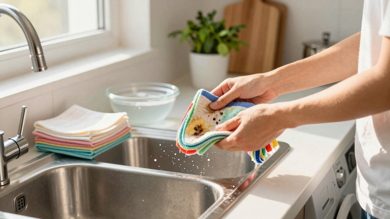 Person wringing out a colourful cloth over a stainless steel kitchen sink with folded cloths nearby.