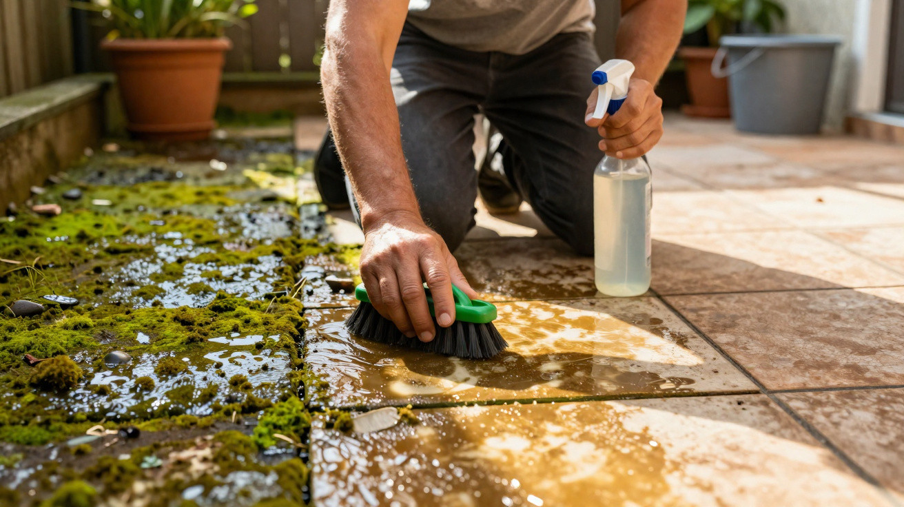 Person scrubbing mossy garden tiles with a brush and spray bottle while kneeling outdoors.