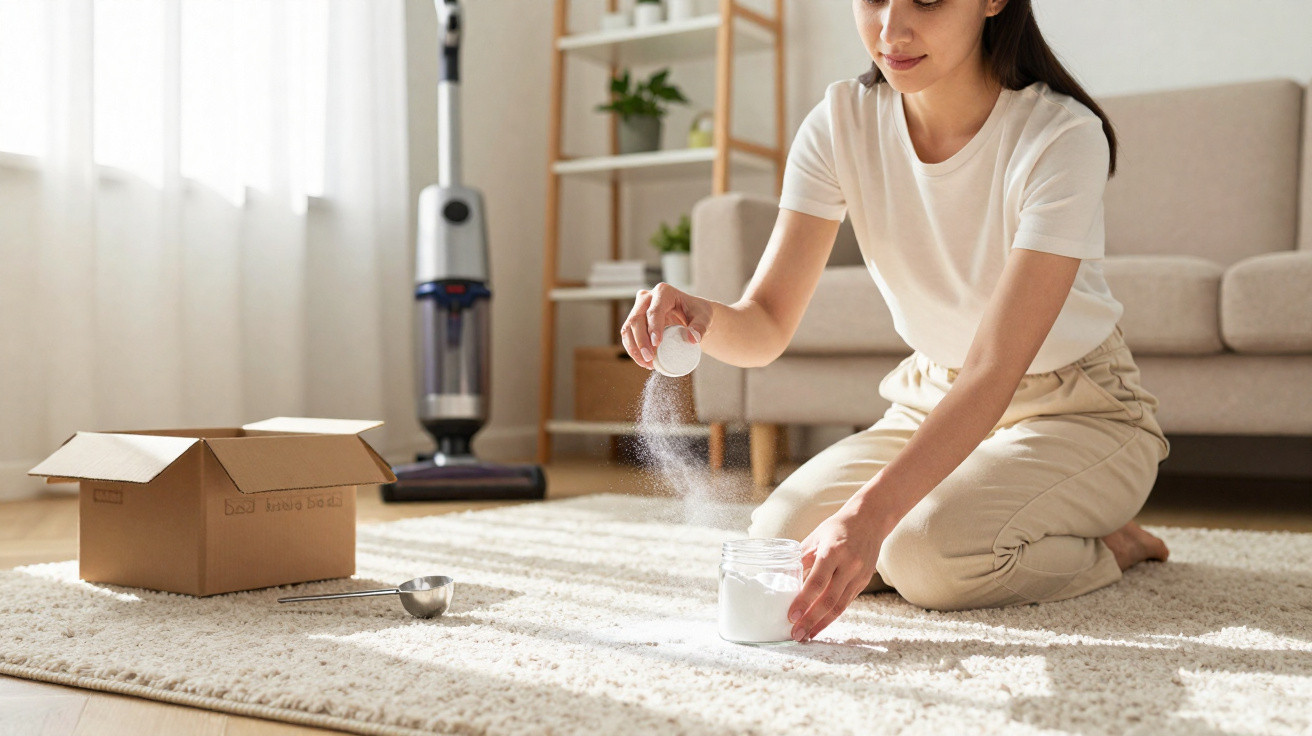 Woman sprinkling baking soda on a carpet in a living room with a vacuum and cardboard box nearby.