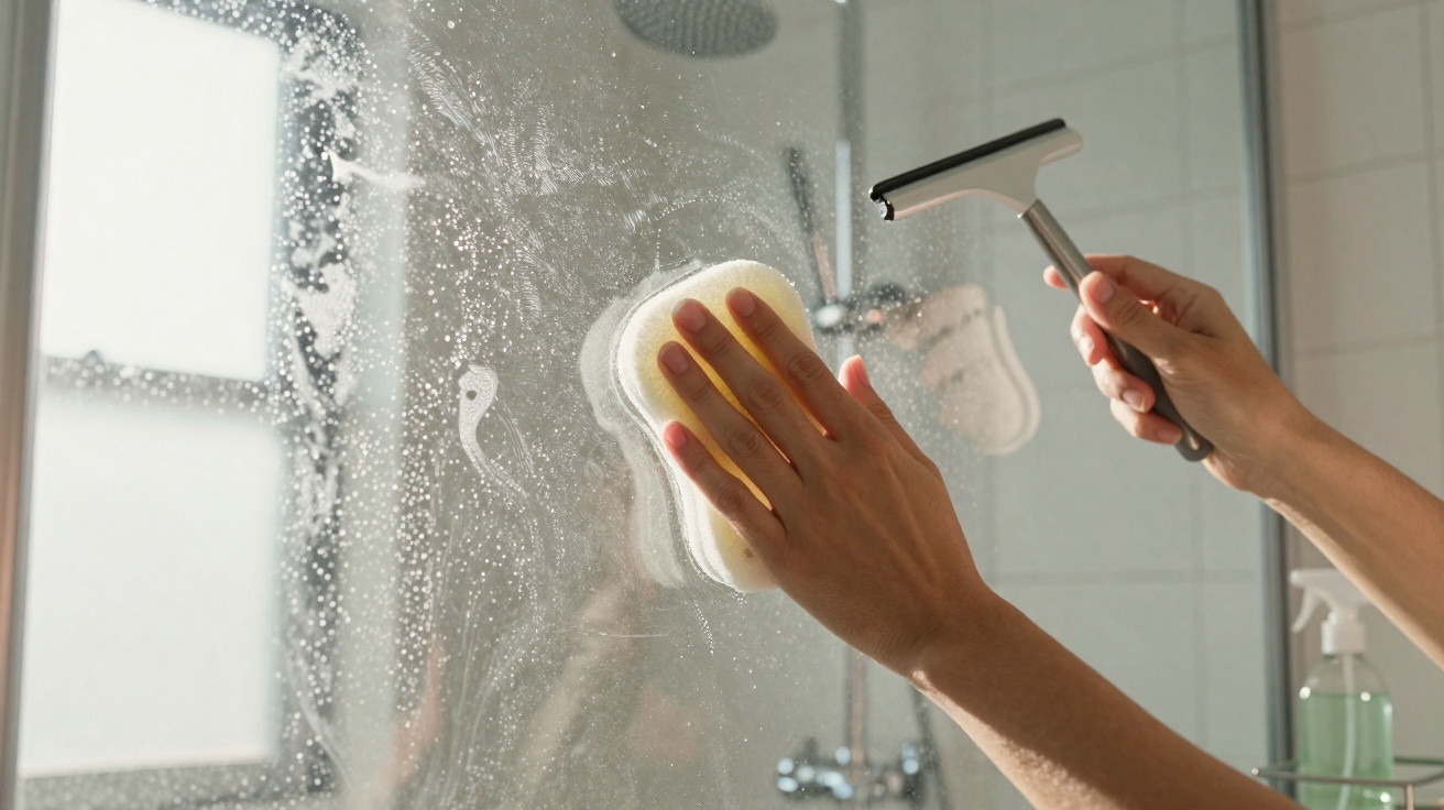 Hands cleaning a wet shower glass door with a sponge and holding a squeegee in a bathroom.