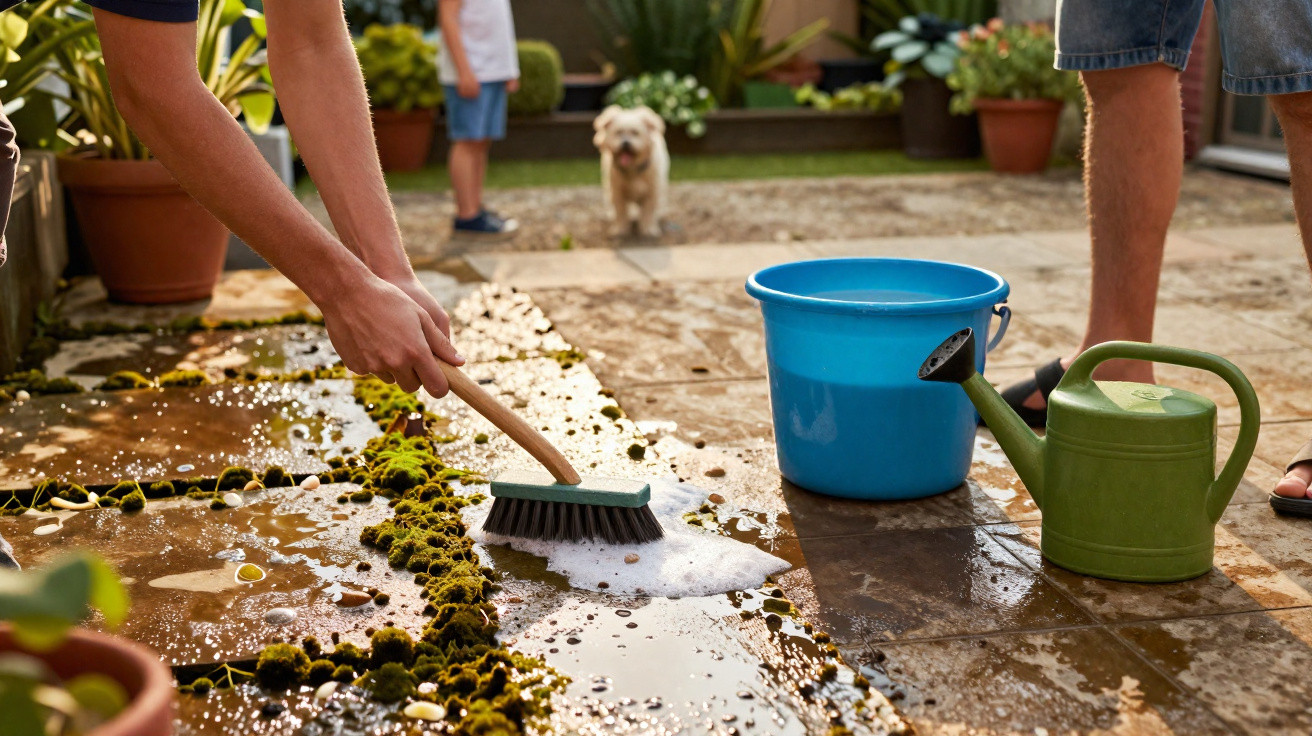 Person scrubbing moss off a wet garden patio with a brush, bucket, and watering can nearby.