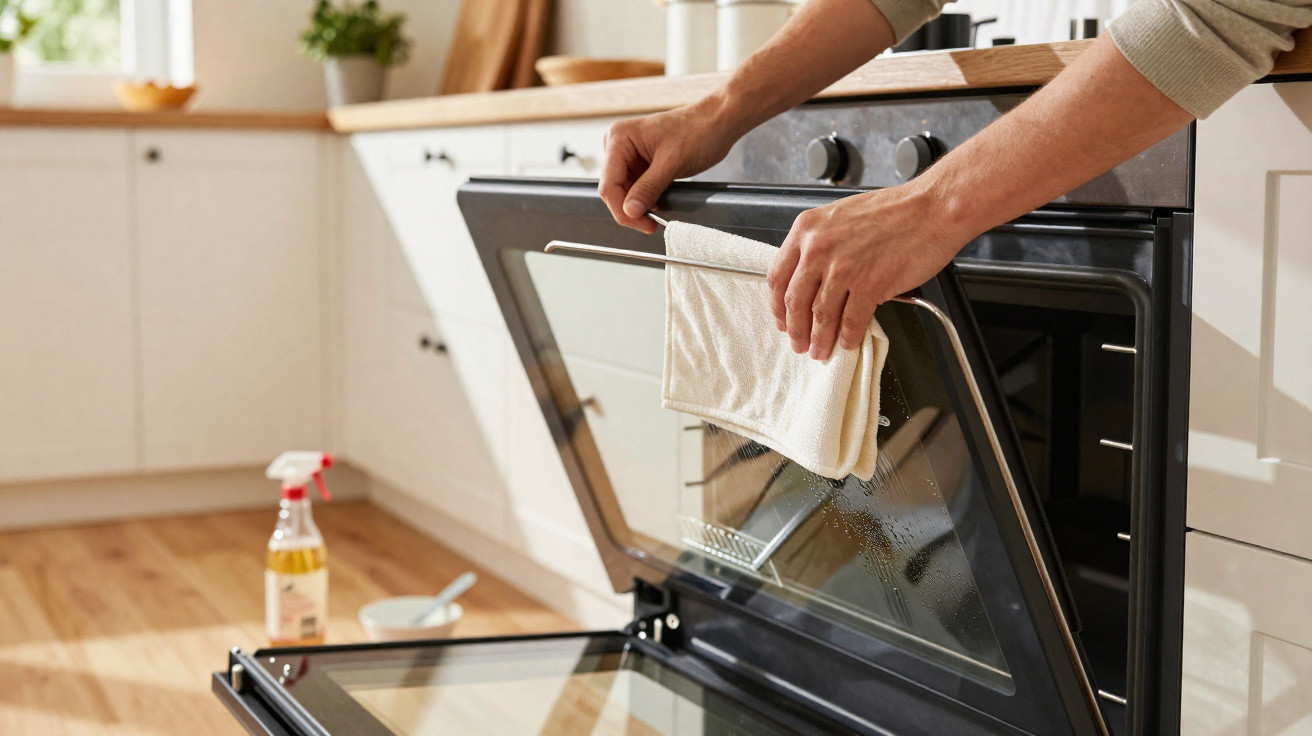 Person wiping the inside glass door of a modern oven in a bright kitchen with a cleaning spray nearby.