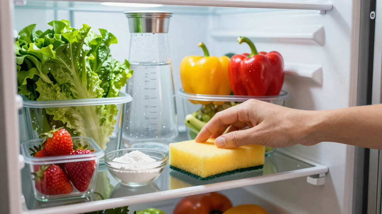 Hand cleaning inside a fridge with a yellow sponge, surrounded by fresh vegetables and a water bottle.