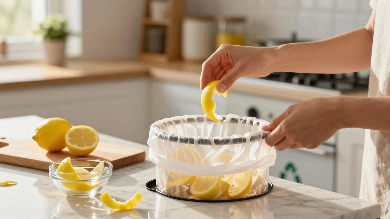 Person placing lemon rinds into a compost bin in a bright kitchen with lemon halves on the counter.