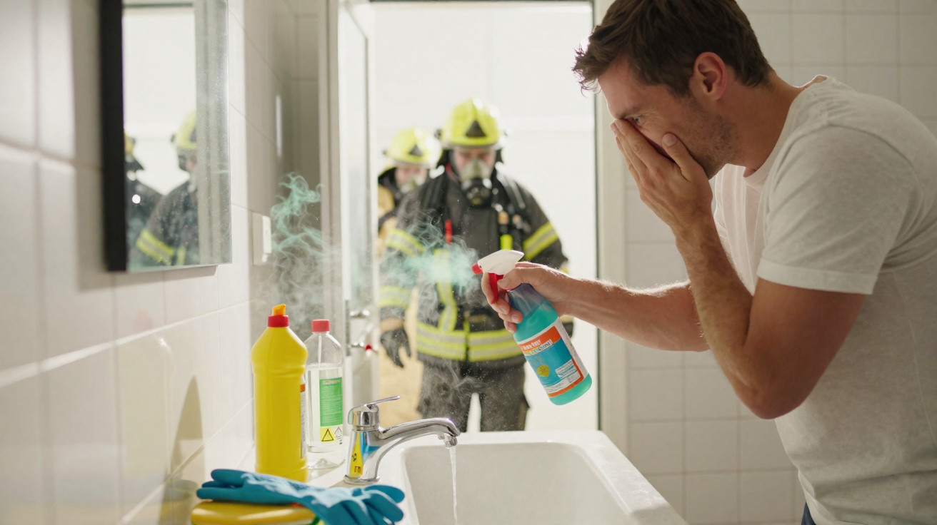 Man sprays cleaning product in bathroom while firefighters stand in doorway behind him.
