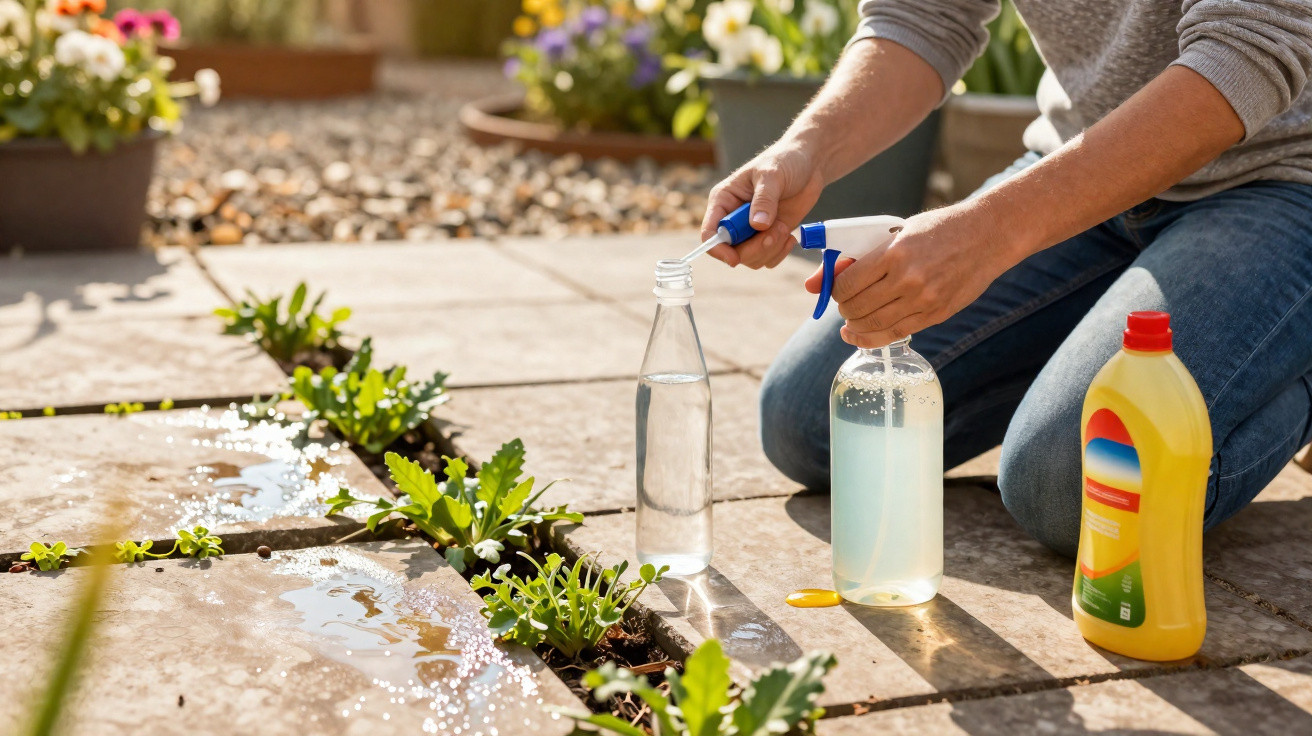 Person mixing liquid in spray bottle while kneeling on patio beside plants growing between paving stones.