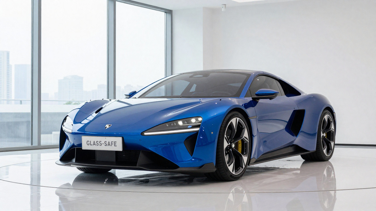 Blue luxury sports car in a modern showroom with large windows and cityscape background
