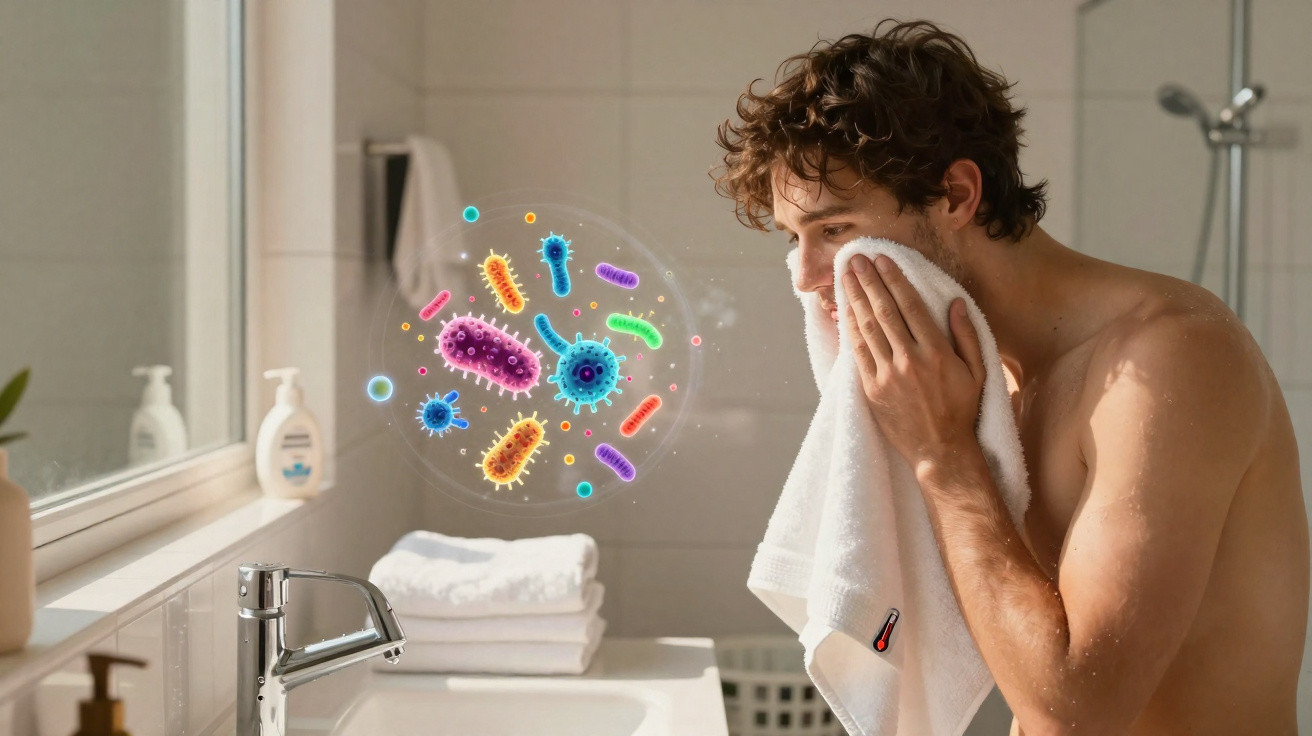 Man drying face with white towel in bathroom showing digital illustration of germs and bacteria near mirror.