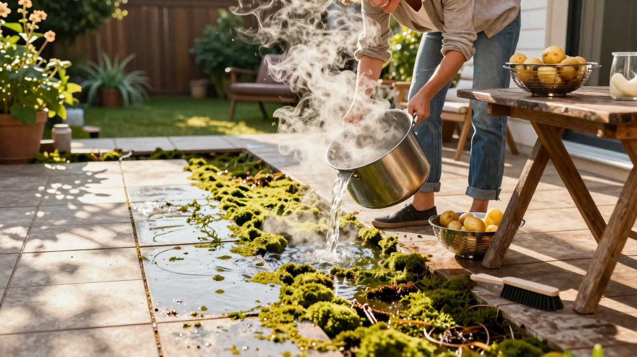 Person pouring steaming water from a pot onto moss in a garden pond on a sunny patio.