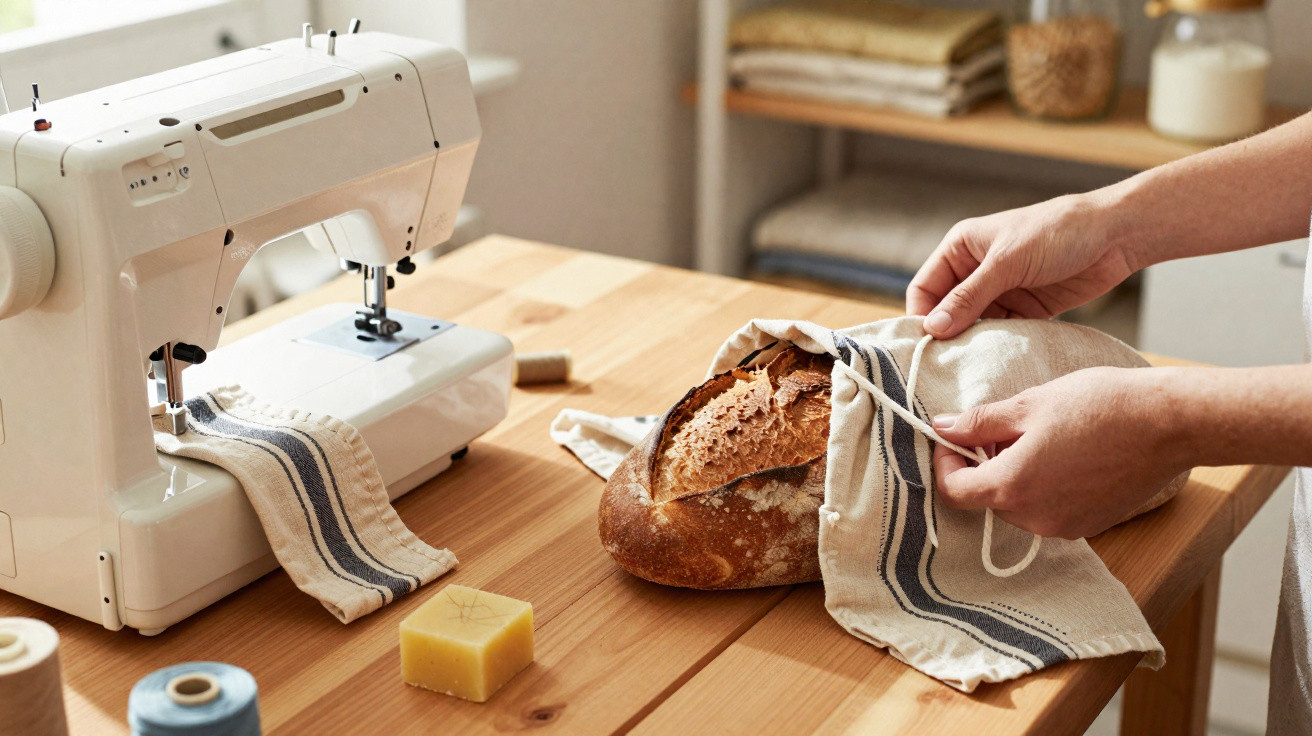 Hands placing a loaf of bread into a striped reusable cloth bag next to a sewing machine on a wooden table.