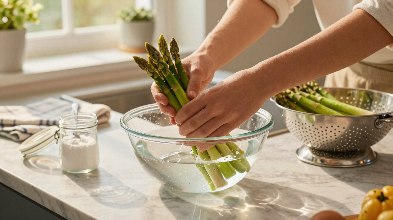 Hands washing fresh asparagus in a glass bowl of water on a kitchen countertop with natural light.