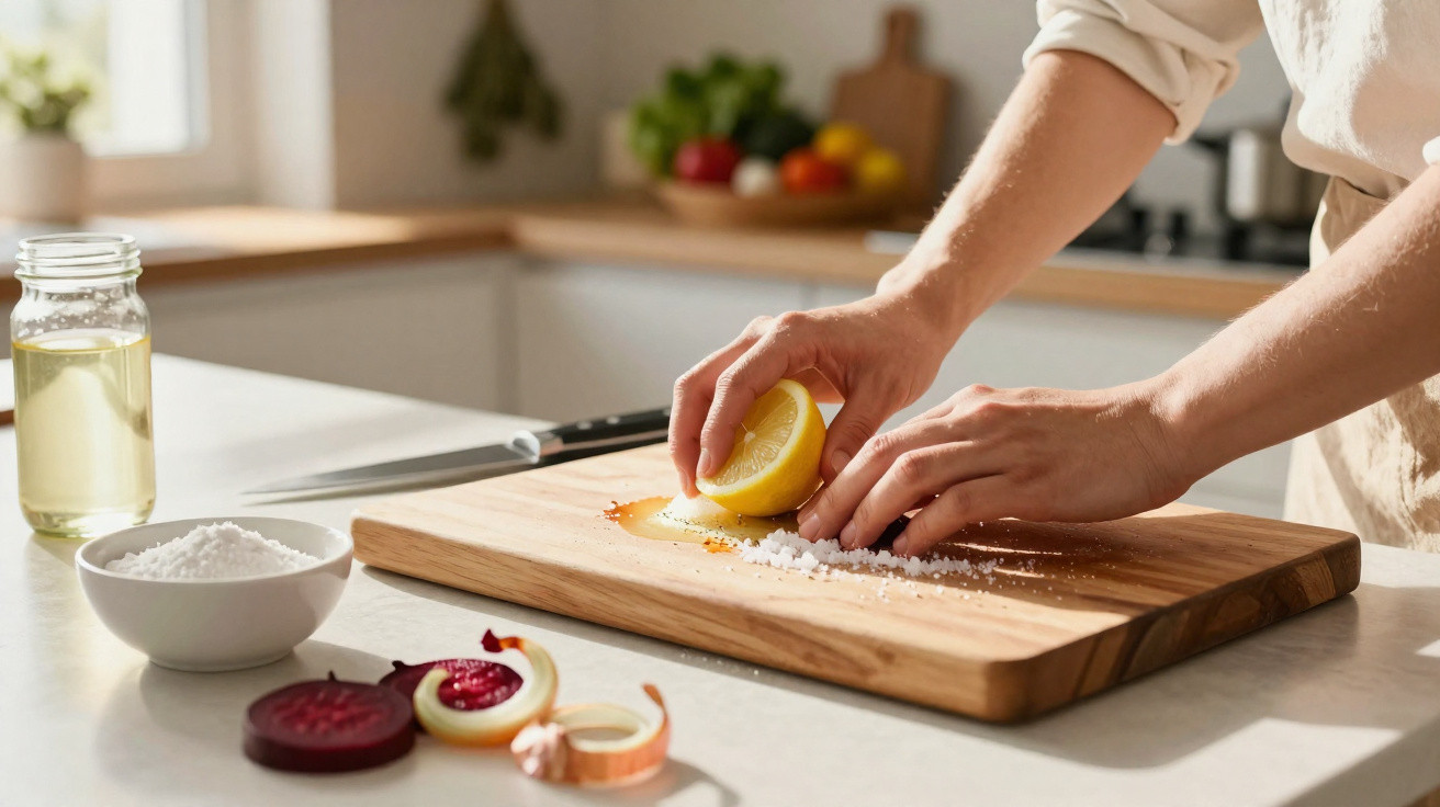 Hands squeezing lemon over salt on wooden chopping board in bright kitchen setting.