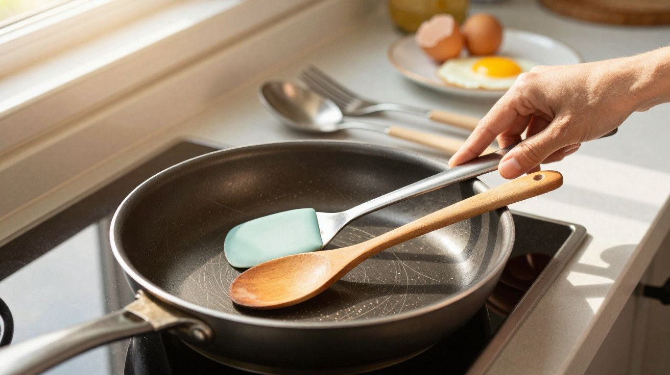 Hand holding spatula over empty frying pan with wooden spoon inside, fried egg and eggshells in background.