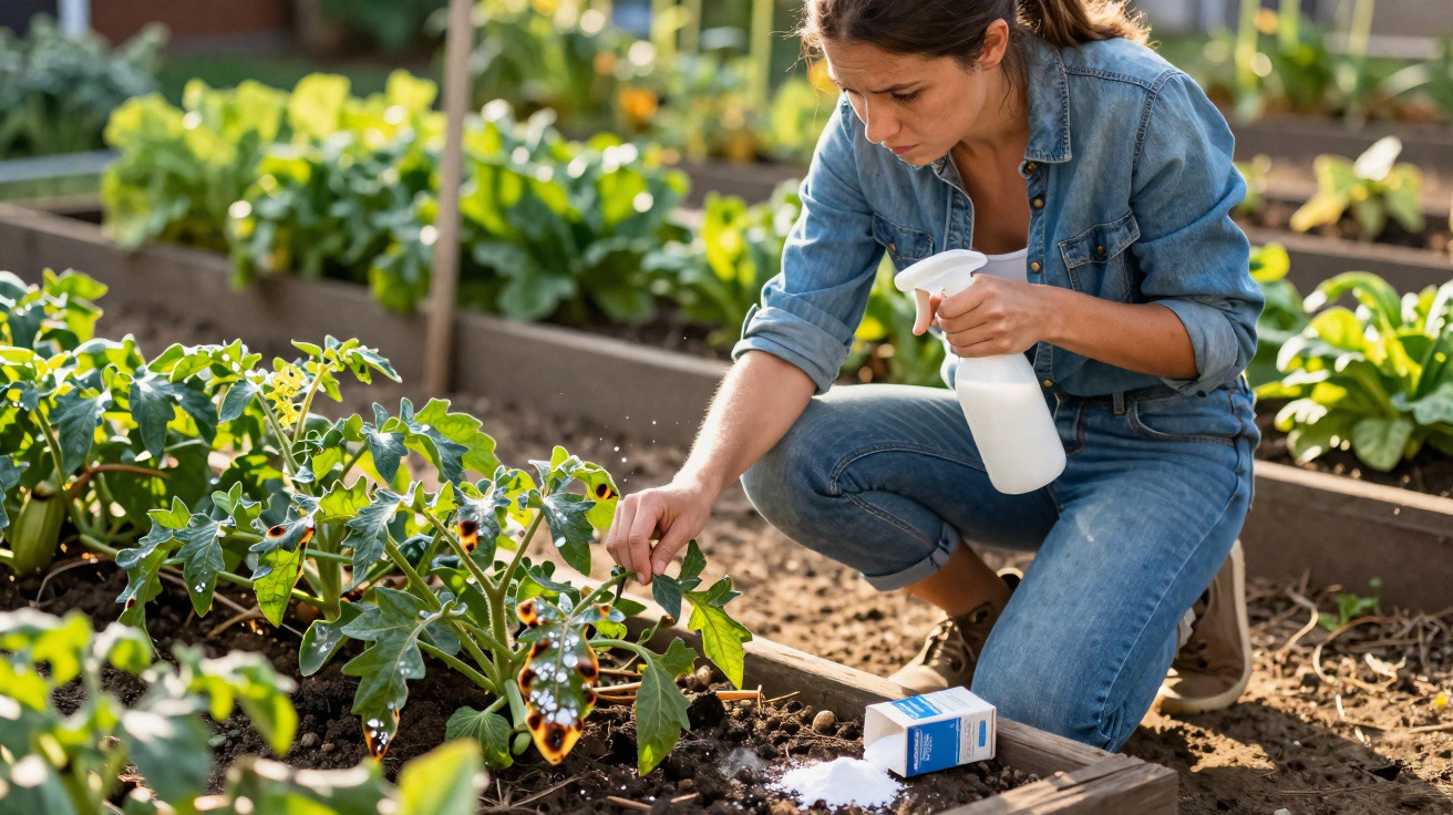 Woman in denim spraying plants in a raised garden bed to treat leaf damage in a sunny vegetable garden.