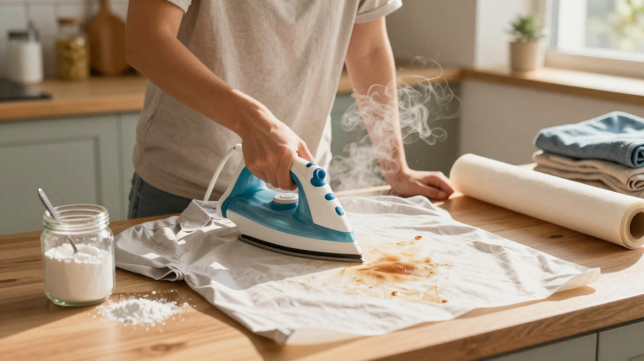 Person using steam iron to remove a stain from a white shirt on a wooden kitchen countertop.