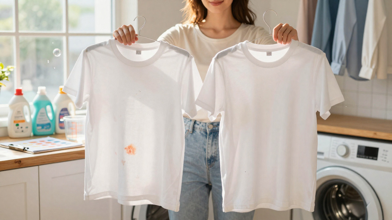 Woman holding two white t-shirts, one stained and one clean, in a bright laundry room.