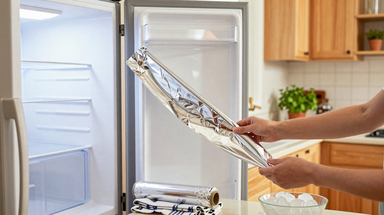 Person placing a sheet of aluminium foil into an open fridge door in a kitchen.