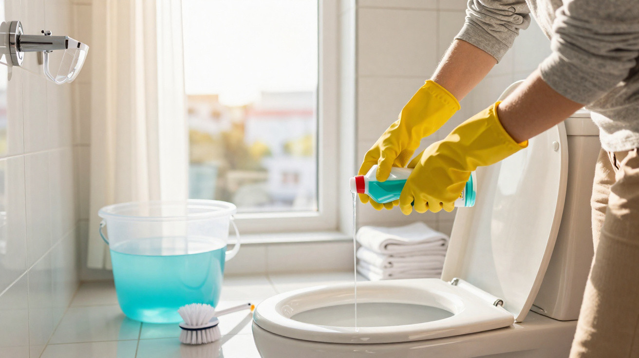 Person wearing yellow gloves pouring toilet cleaner into a toilet bowl in a bathroom.