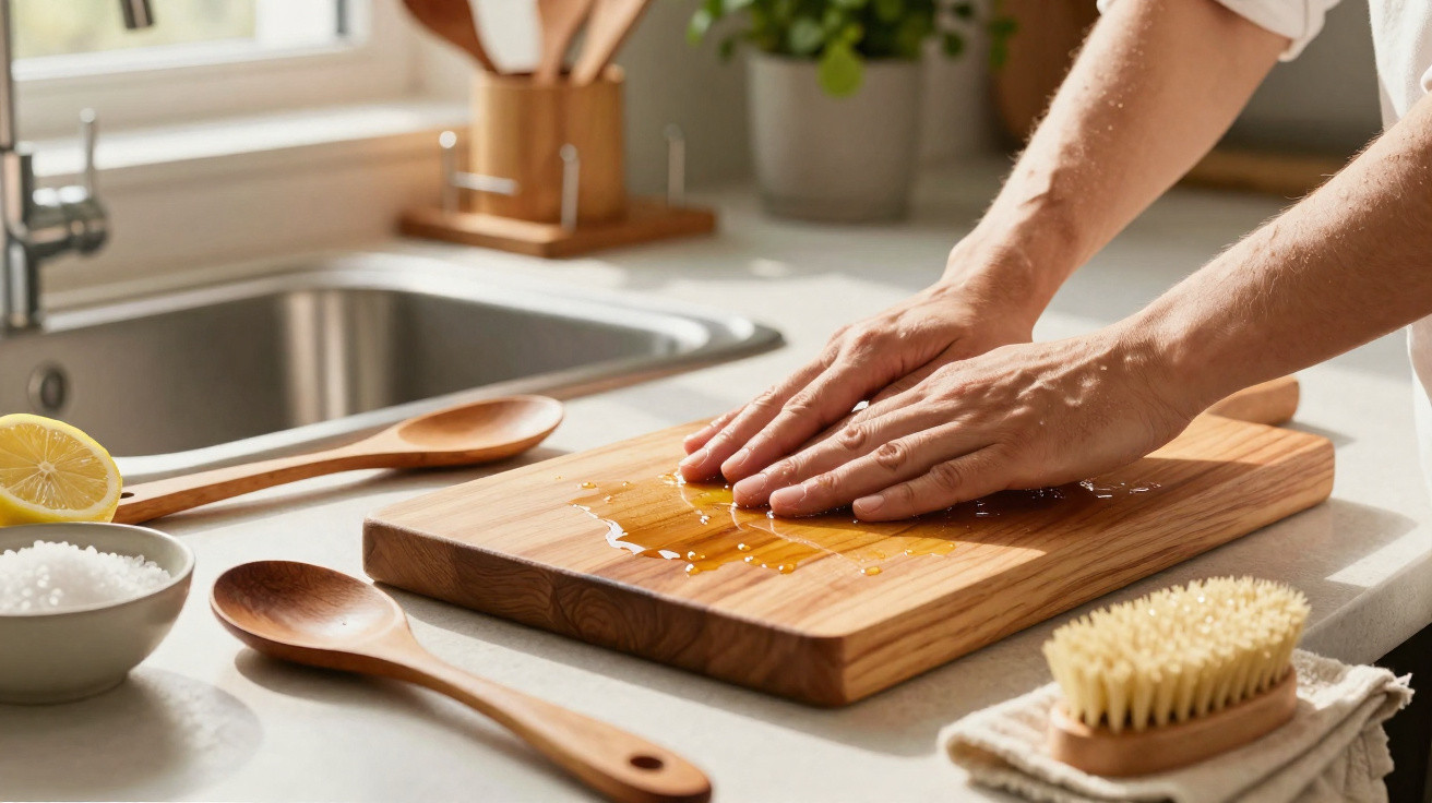 Hands cleaning a wooden cutting board with oil on a kitchen countertop near wooden spoons and a brush