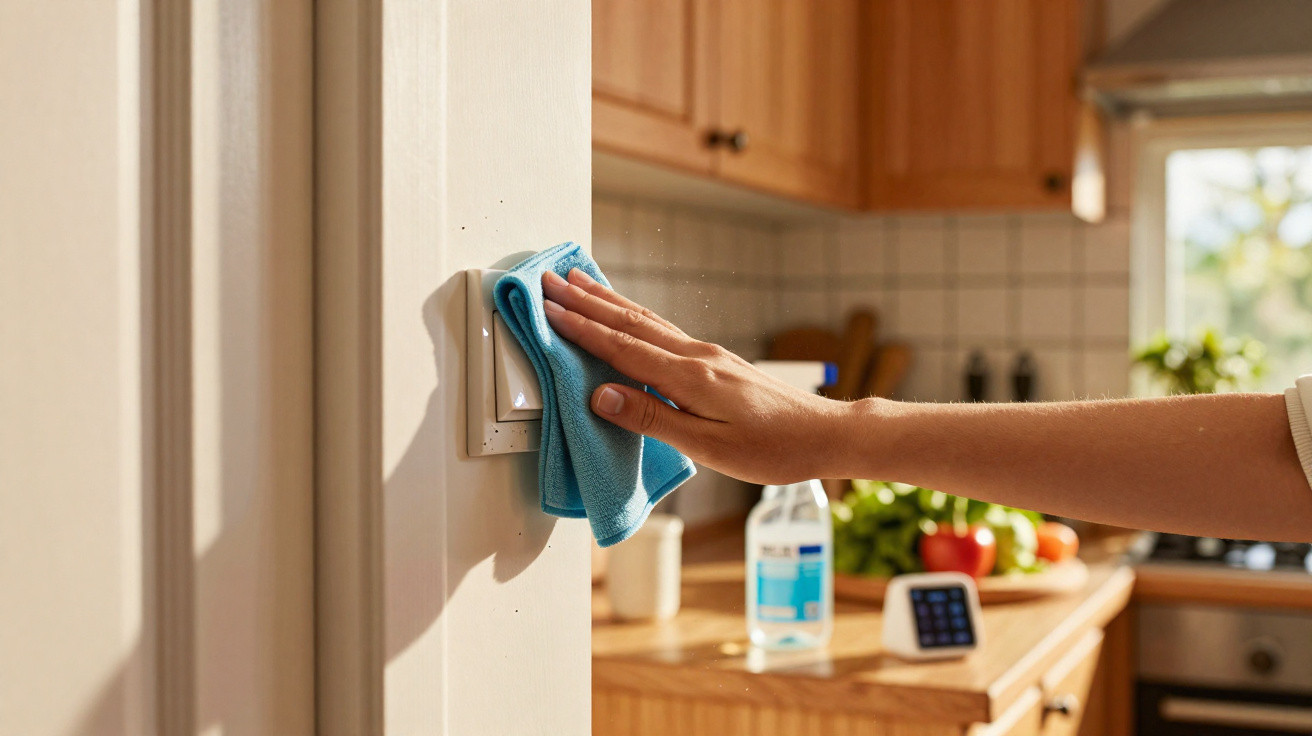 Hand wiping a light switch with a blue cloth in a sunlit kitchen.