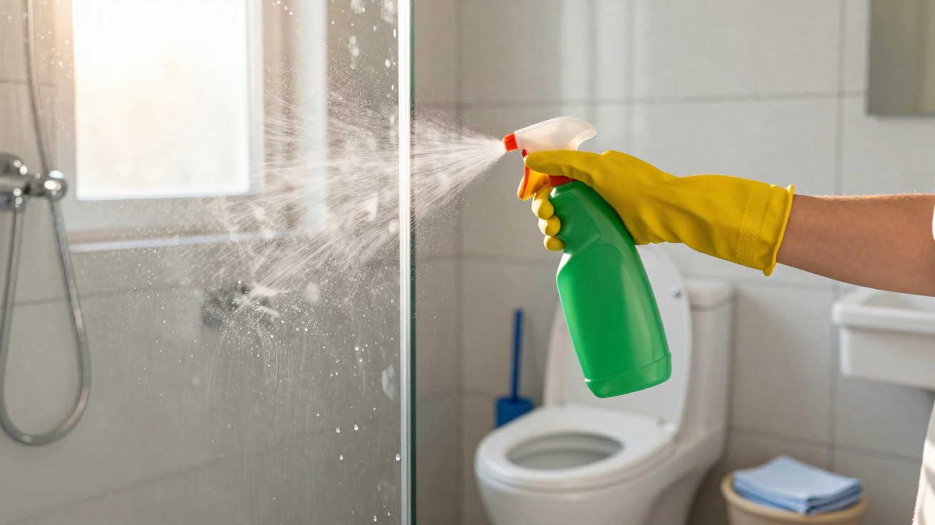 Hand wearing yellow glove spraying cleaning solution on glass shower screen in bathroom.