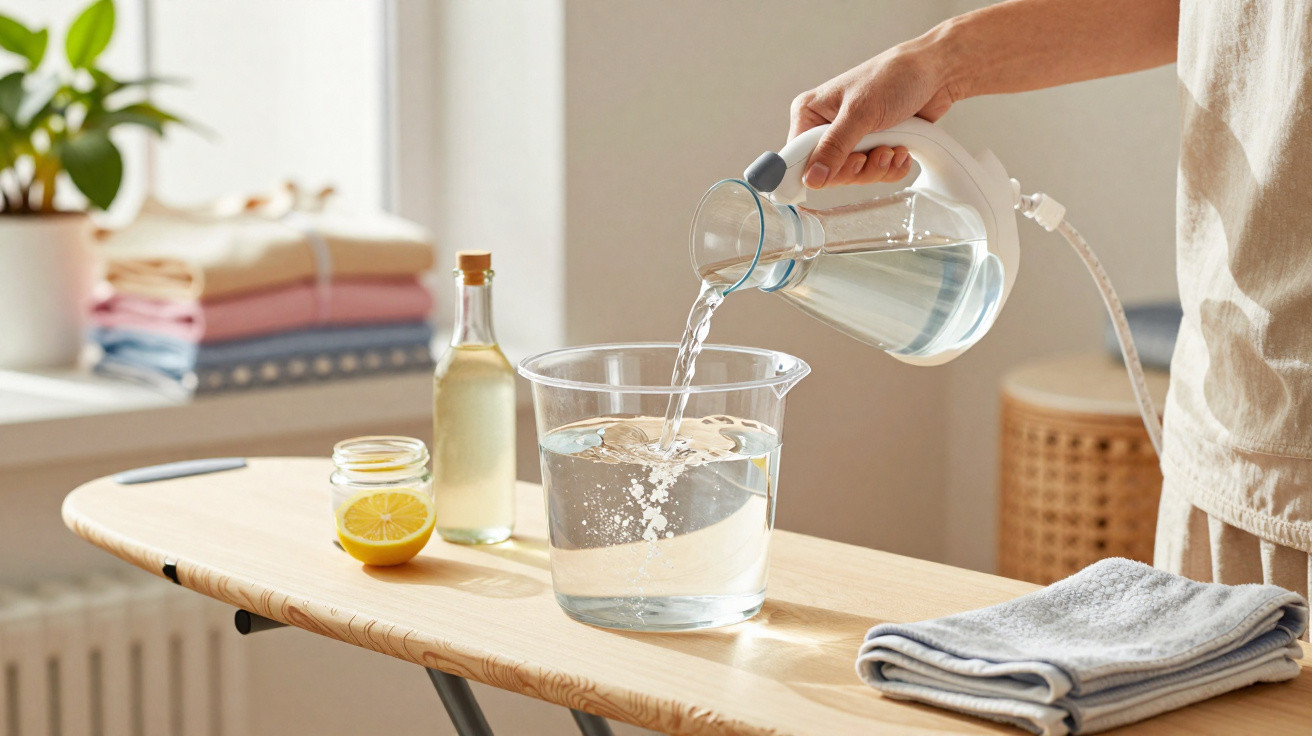 Hand pouring water from a glass kettle into a plastic container on an ironing board with folded towels nearby.