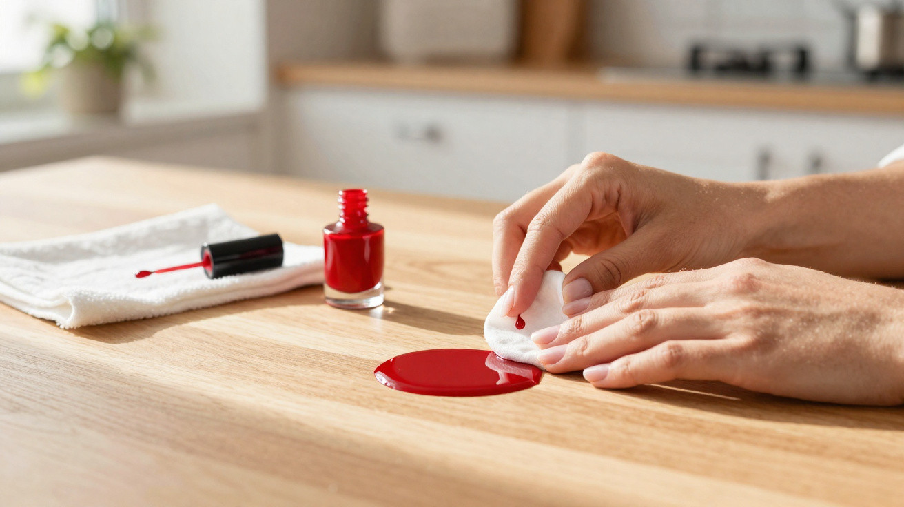 Person using a cotton pad to clean a red nail polish spill on a wooden table near an open bottle.