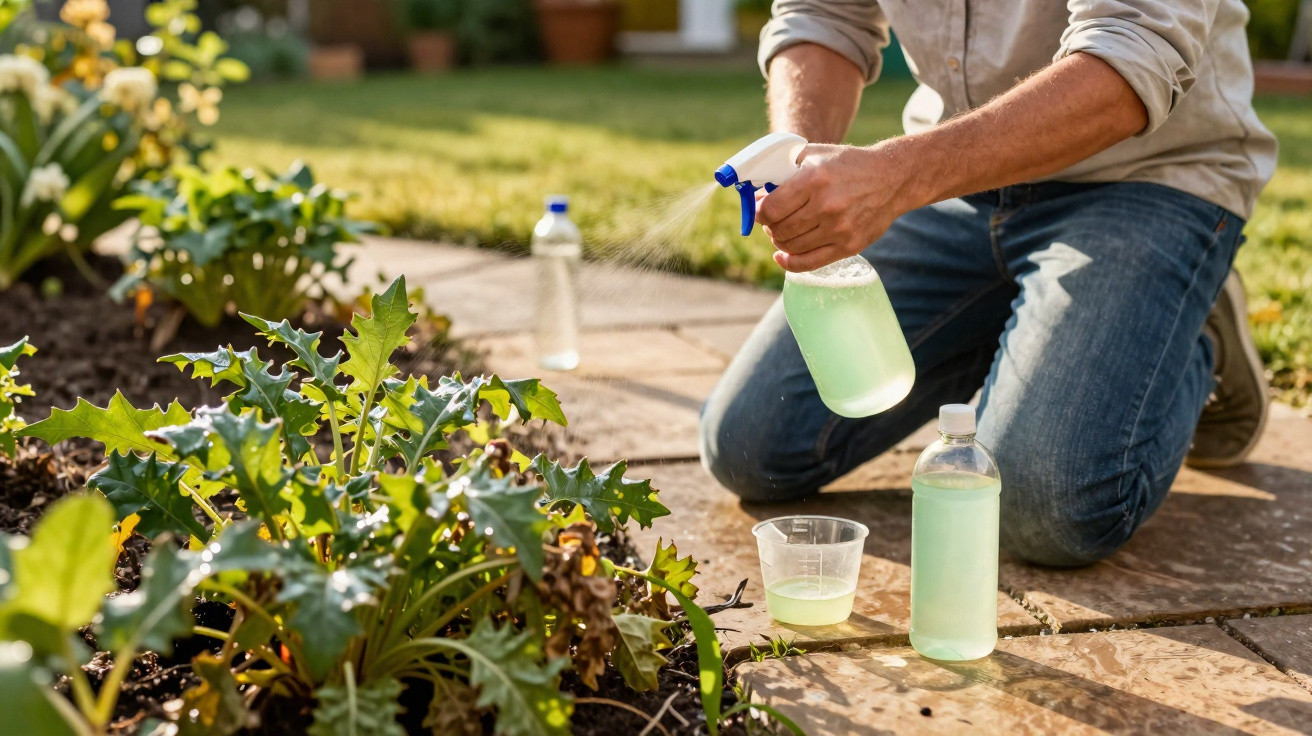 Person spraying liquid from a bottle onto plants in a garden on a sunny day.