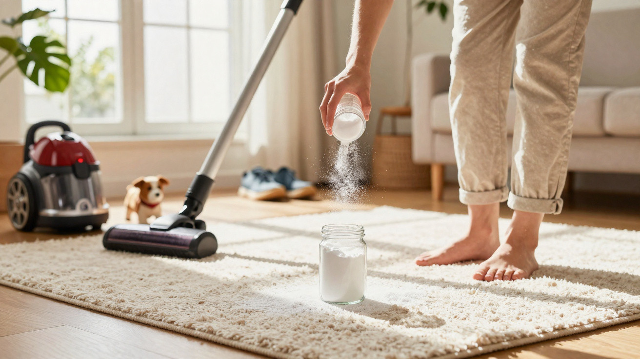 Person sprinkling baking soda on a carpet before vacuuming in a sunny living room.
