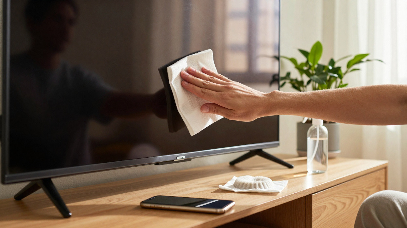 Hand wiping a flat-screen TV with a cloth on a wooden cabinet next to a smartphone and hand sanitizer.