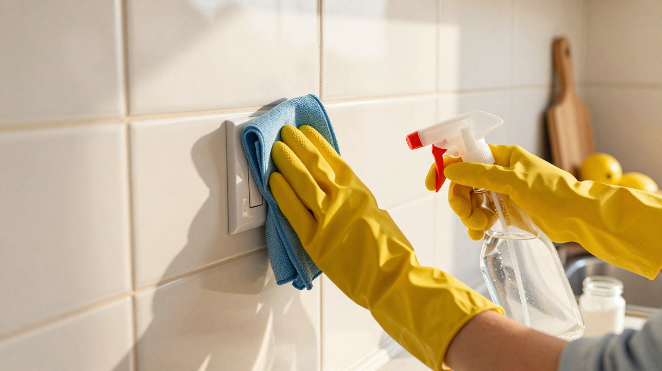 Person wearing yellow gloves cleaning a light switch on a tiled wall with a blue cloth and spray bottle.