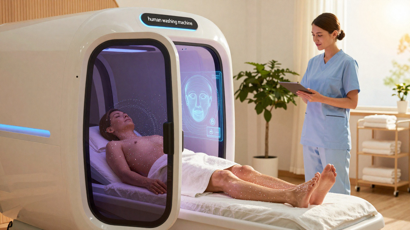 Futuristic human washing machine with a woman inside and a healthcare professional monitoring on a tablet.