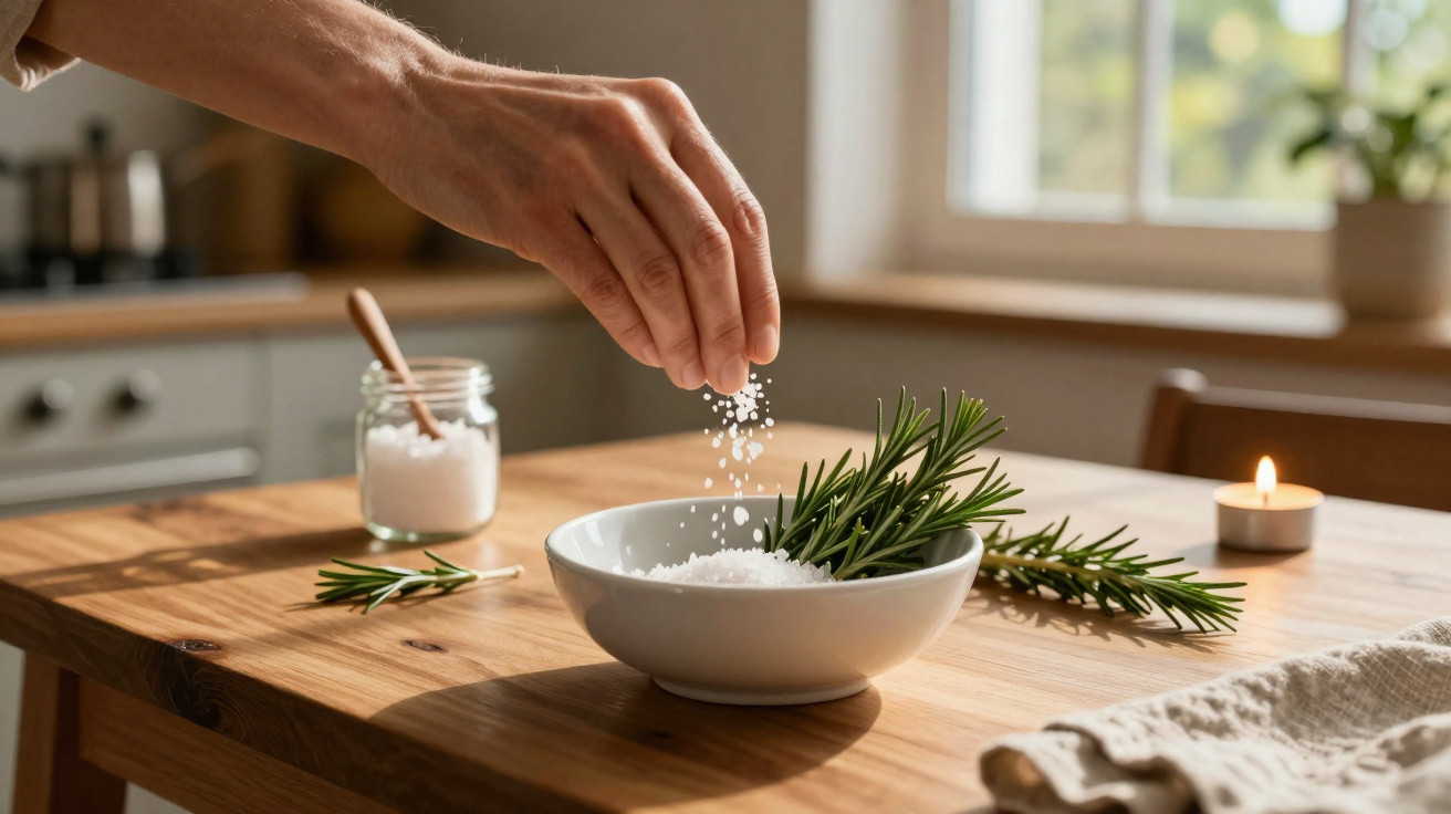 Hand sprinkling coarse salt into a bowl with rosemary on a wooden kitchen table near a lit candle.