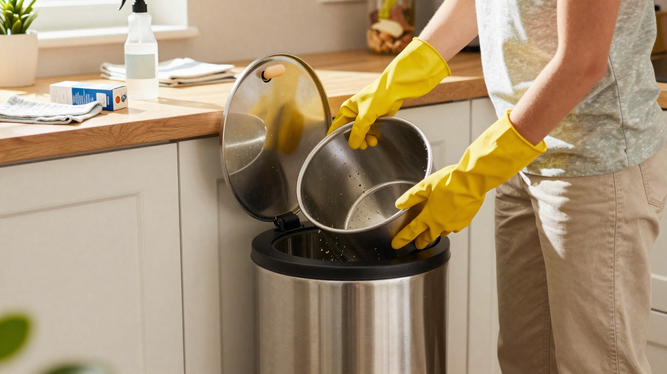 Person wearing yellow gloves emptying a metal pot into a stainless steel kitchen bin.