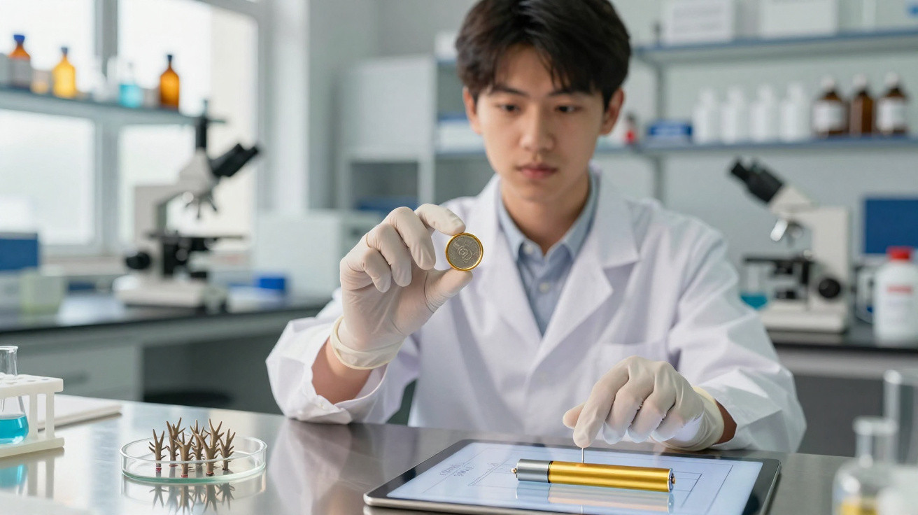 Scientist in lab coat and gloves examining a coin in a laboratory with scientific equipment.