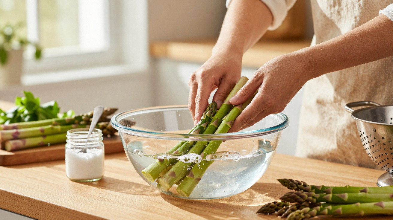 Hands washing fresh asparagus in a glass bowl of water on a wooden kitchen counter.