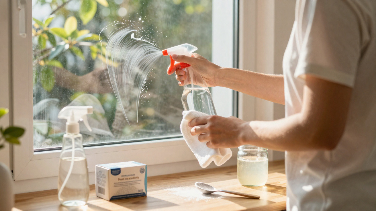 Person cleaning a window with a spray bottle and cloth on a sunny day in a bright kitchen.