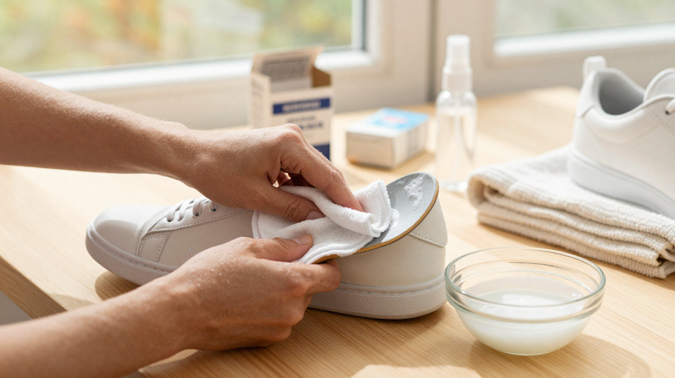 Hands cleaning a white sneaker with a cloth on a wooden surface with cleaning supplies nearby.