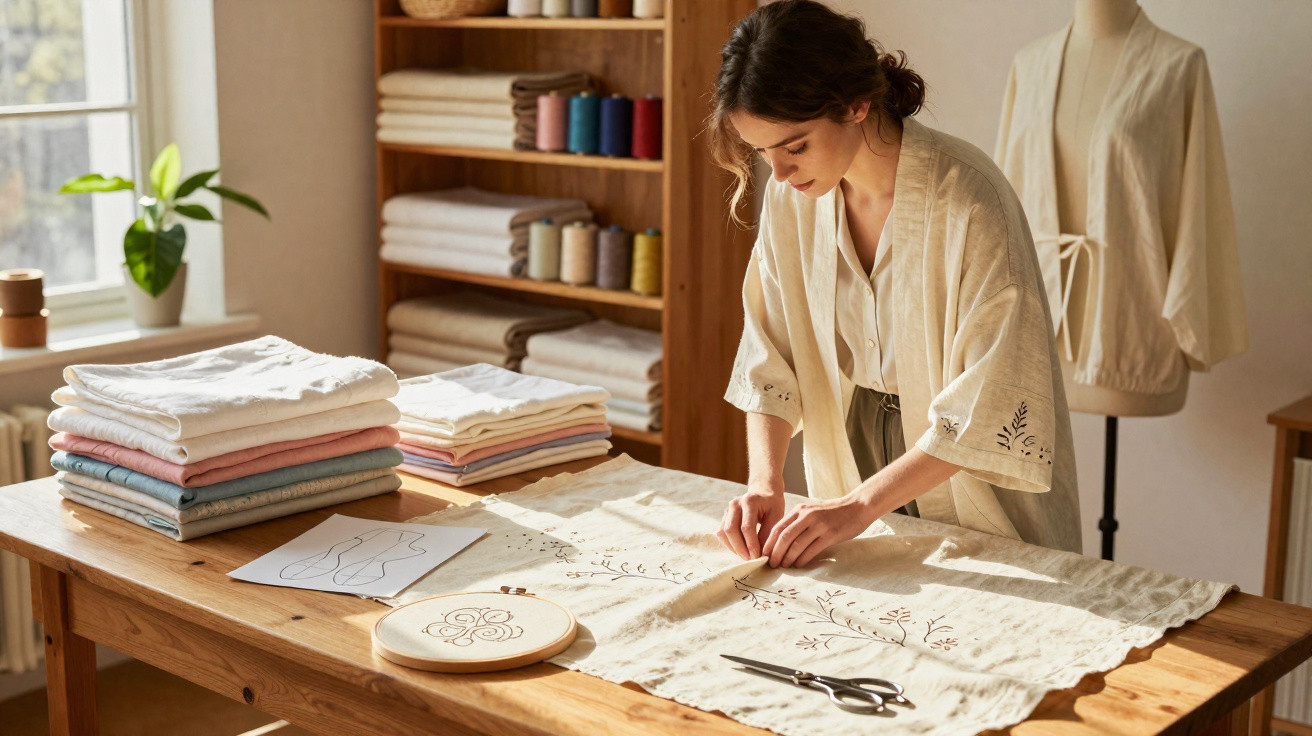 Woman working on embroidery on beige fabric at wooden table with folded textiles and sewing tools in bright room