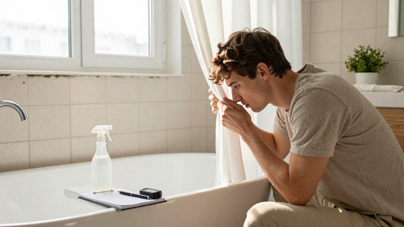 Man inspecting inside bathtub while holding shower curtain in bright bathroom