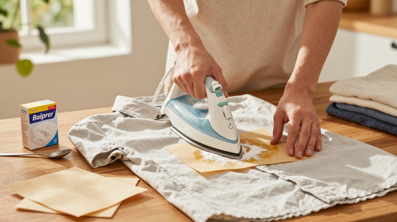 Person using an iron with baking soda and paper to remove a stain from a grey shirt on a wooden table.