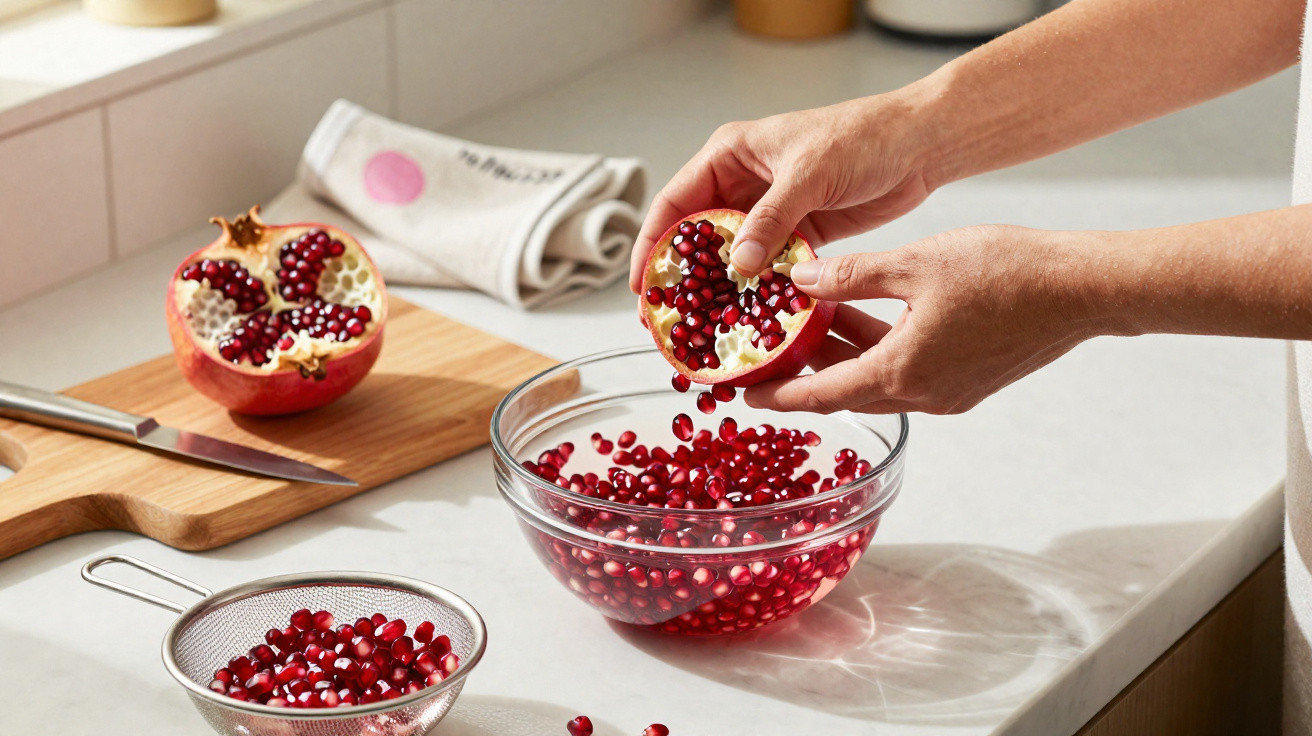 Hands removing seeds from a pomegranate over a glass bowl on a kitchen countertop.