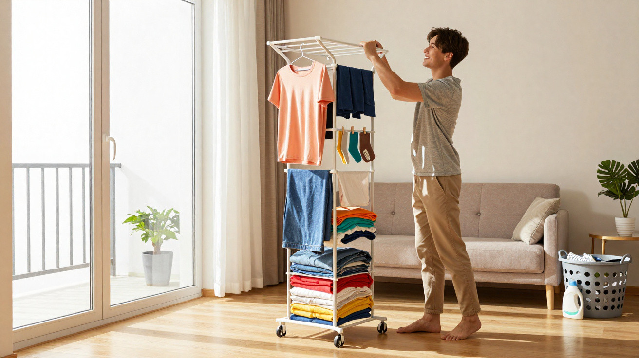 Young man hanging clothes on a drying rack in a bright living room with a sofa and laundry basket nearby.