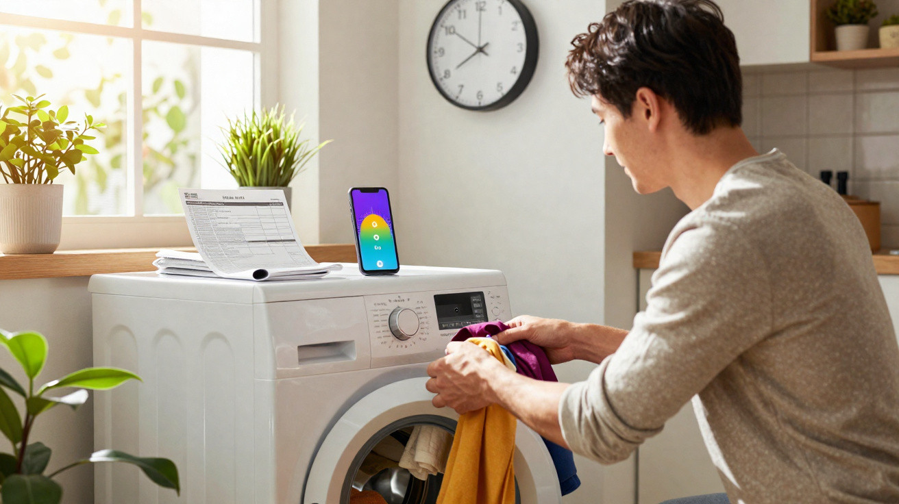 Man loading colourful clothes into a front-loading washing machine in a bright laundry room.