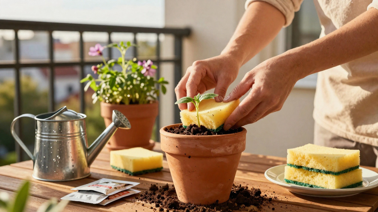 Person gently pressing soil around a seedling in a terracotta pot on a sunlit balcony table.