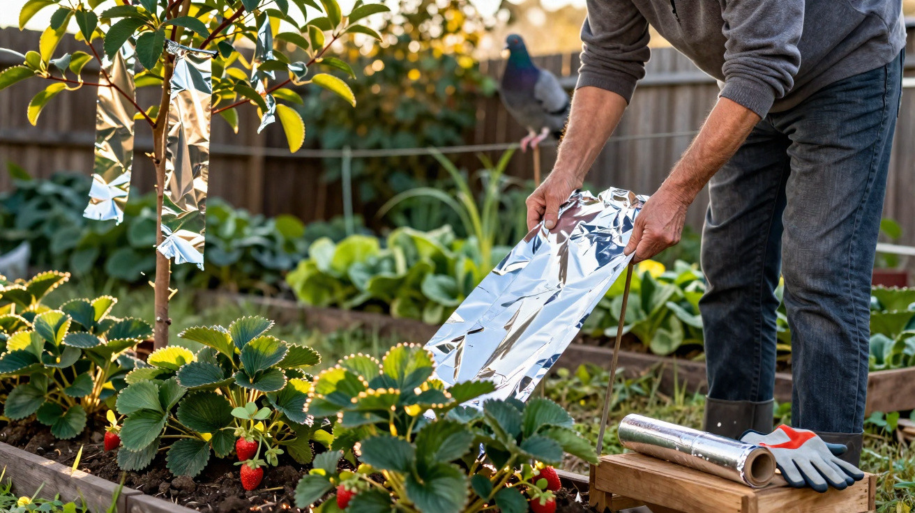 A person placing reflective tape on a fruit tree to deter birds in a garden with strawberry plants.